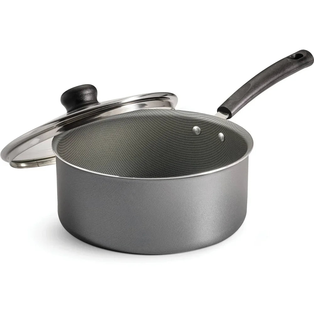 Nonstick Covered Sauce Pan 3 Quart Aluminum Dishwasher Safe Easy Cleanup Stay Cool Handle Tempered Glass Lid Kitchen Cookware
