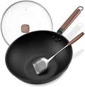 13-Inch Carbon Steel Wok with Glass Lid and Spatula for Induction, Electric, Gas Stoves