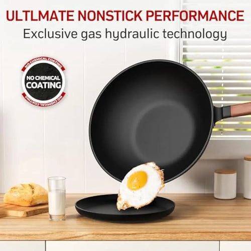13-Inch Carbon Steel Wok with Glass Lid and Spatula for Induction, Electric, Gas Stoves