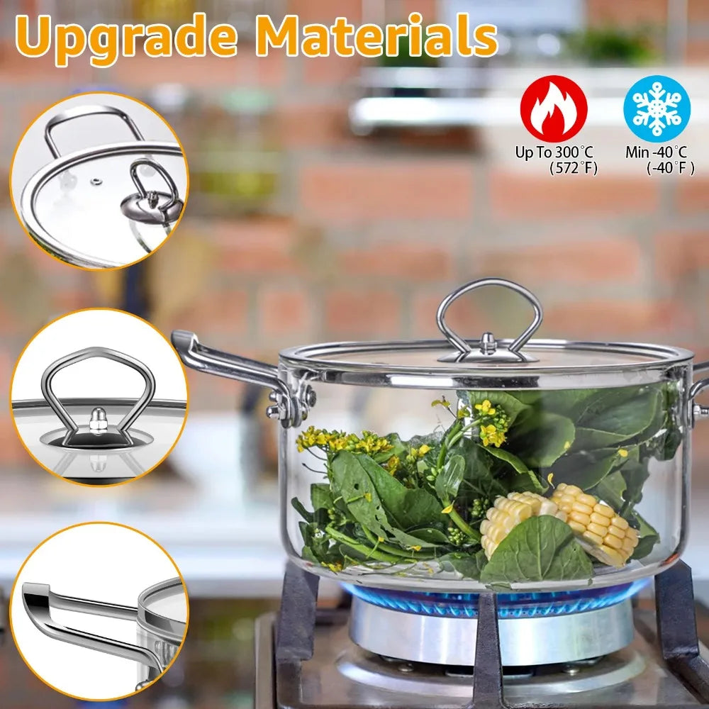 Glass Soup Pot with Lid Stainless Steel Double Handles Heat Resistant Stewpan Glassware for Cooking Milk Pasta Kitchenware