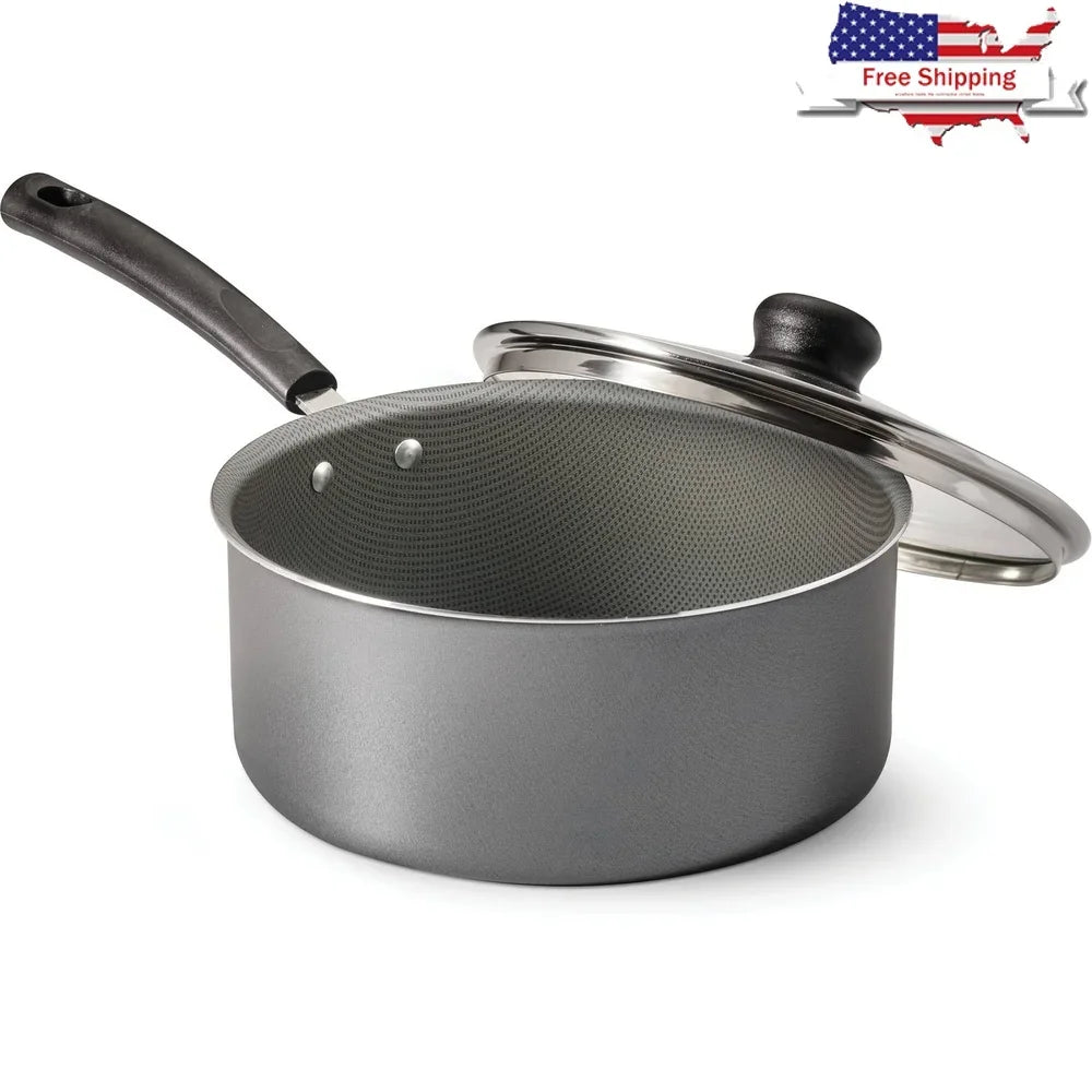 Nonstick Covered Sauce Pan 3 Quart Aluminum Dishwasher Safe Easy Cleanup Stay Cool Handle Tempered Glass Lid Kitchen Cookware